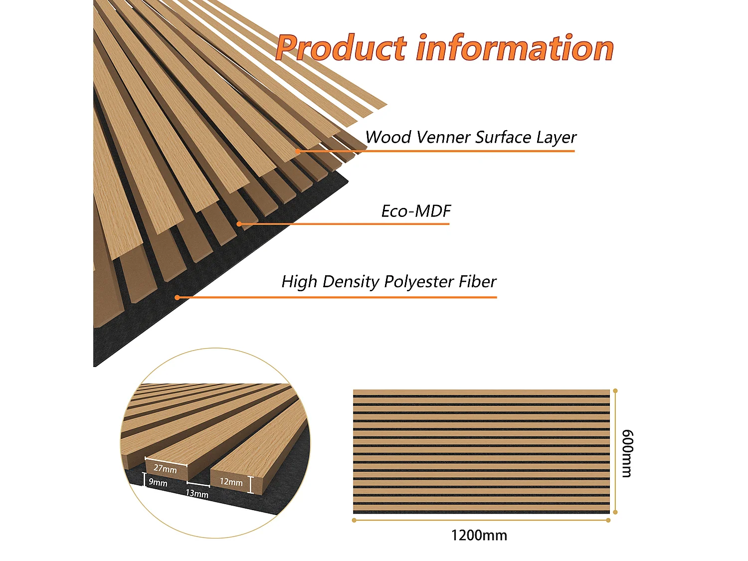 Set di 2 pannelli acustici in legno MDF,L120xL60cm SP21mm, Pannelli fonoassorbenti scansionati in 3D con finitura effetto legno rovere scuro