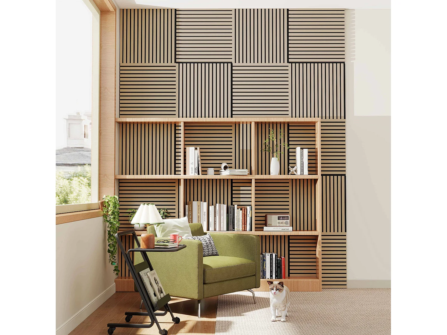 Set di 4 pannelli acustici in legno MDF,L60xL60cm SP21mm, Pannelli fonoassorbenti scansionati in 3D con finitura effetto legno rovere chiaro