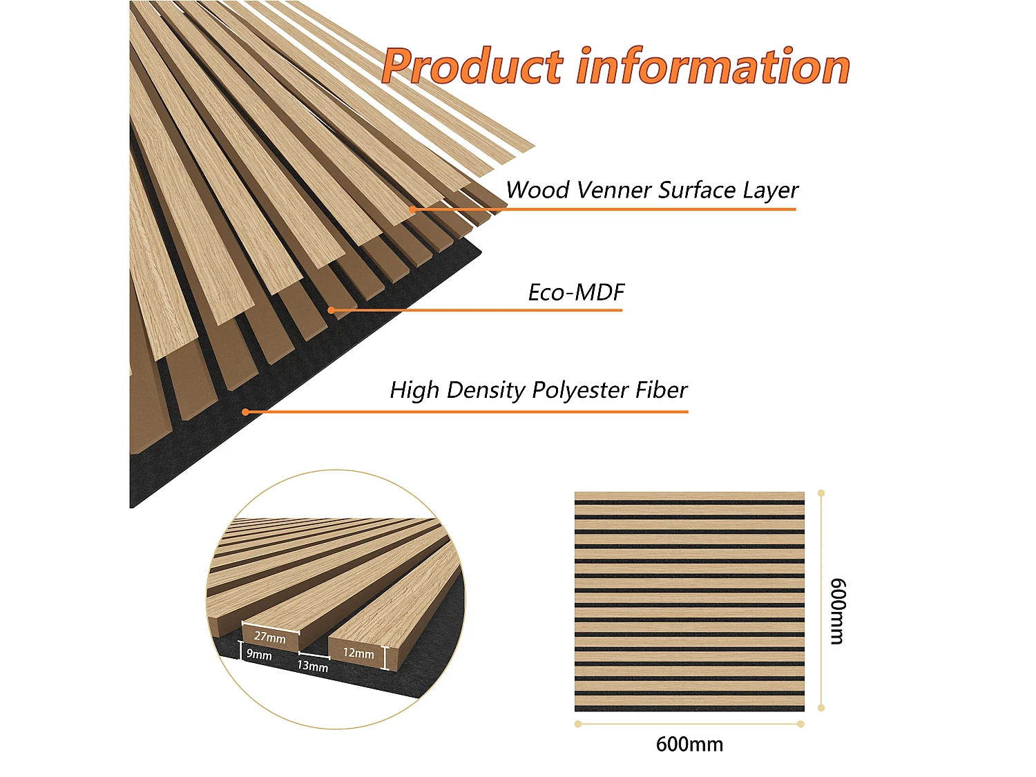 Set di 4 pannelli acustici in legno MDF,L60xL60cm SP21mm, Pannelli fonoassorbenti scansionati in 3D con finitura effetto legno rovere chiaro