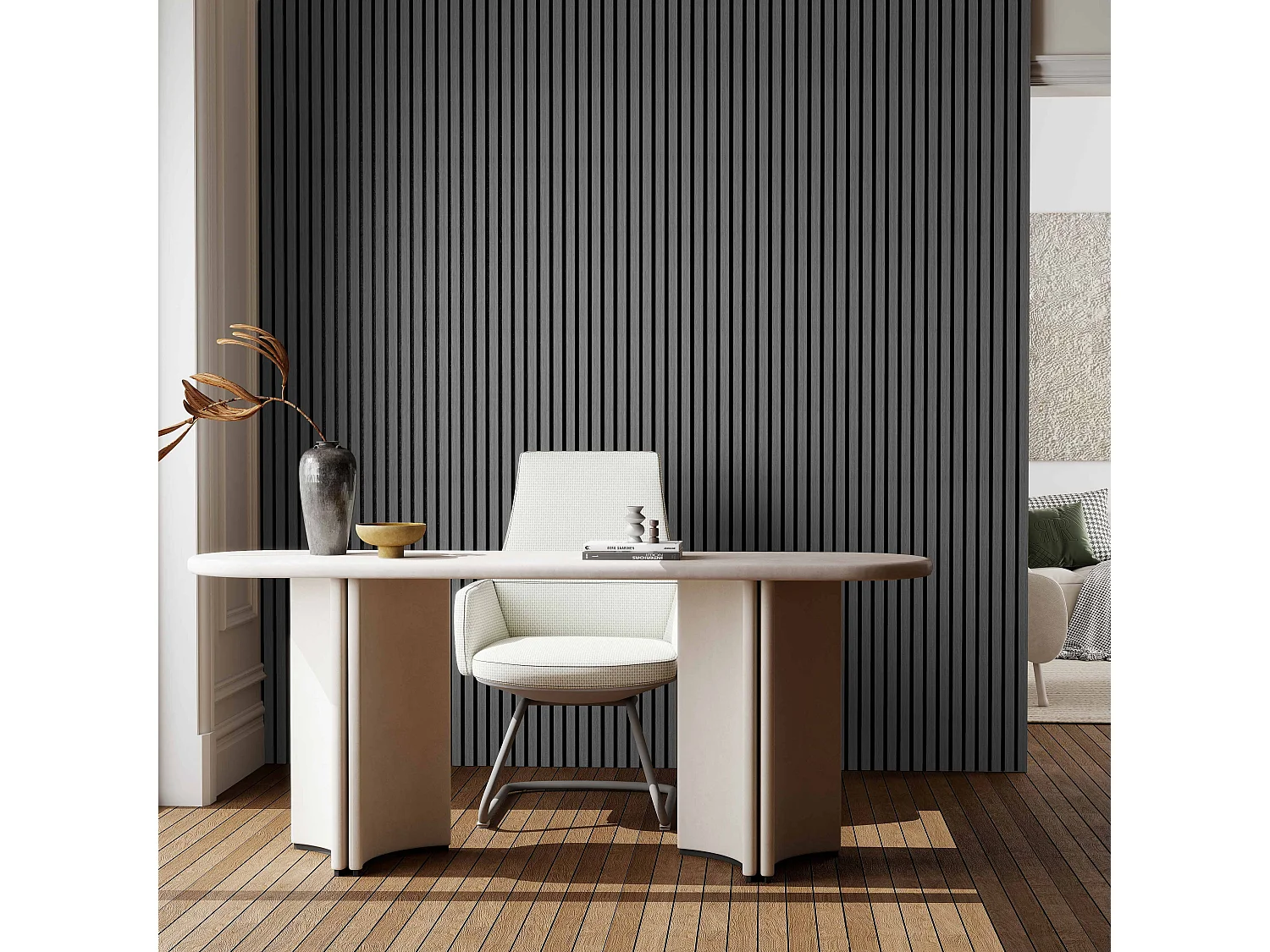 Set di 2 pannelli acustici in legno MDF,L260xL30cm SP21mm, Pannelli fonoassorbenti scansionati in 3D con finitura effetto legno Rovere grigio