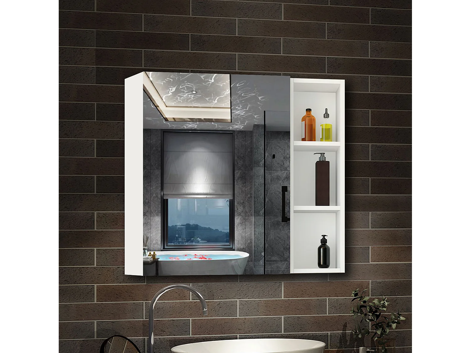 Armario con espejo para baño Armario principal 70 x 40 x 13 cm,Armario auxiliar 70 x 20 x 13 cm Con 3 estantes,acabado espejo de alta definición