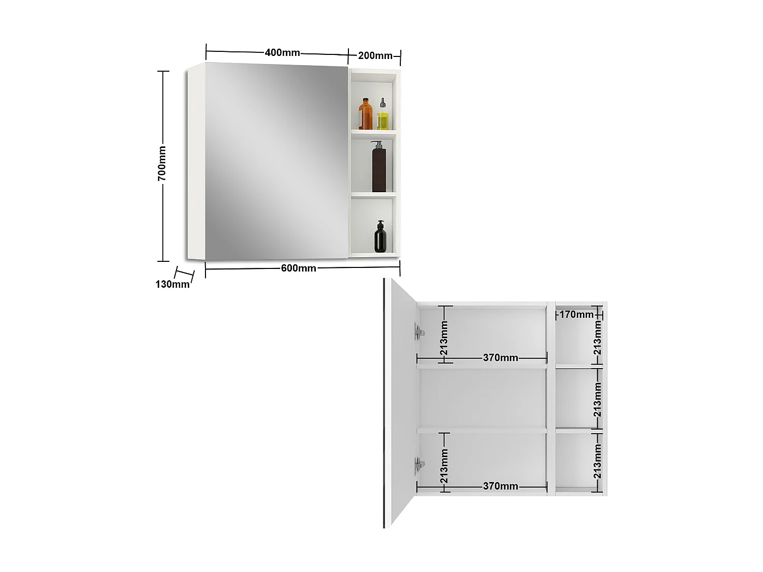 Armario con espejo para baño Armario principal 70 x 40 x 13 cm,Armario auxiliar 70 x 20 x 13 cm Con 3 estantes,acabado espejo de alta definición