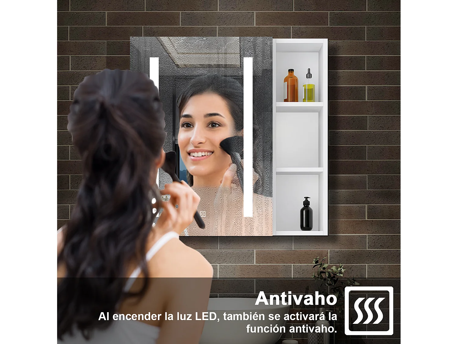 Armario con espejo para baño Armario principal 70 x 40 x 13 cm,Armario auxiliar 70 x 20 x 13 cm Con 3 estantes, luz led con 3 colores, antivaho y brillo ajustable