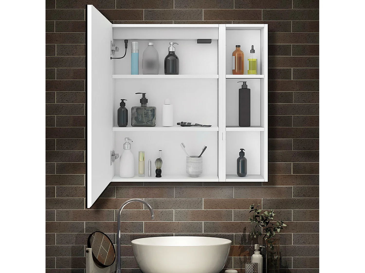 Armario con espejo para baño Armario principal 70 x 40 x 13 cm,Armario auxiliar 70 x 20 x 13 cm Con 3 estantes, luz led con 3 colores, antivaho y brillo ajustable