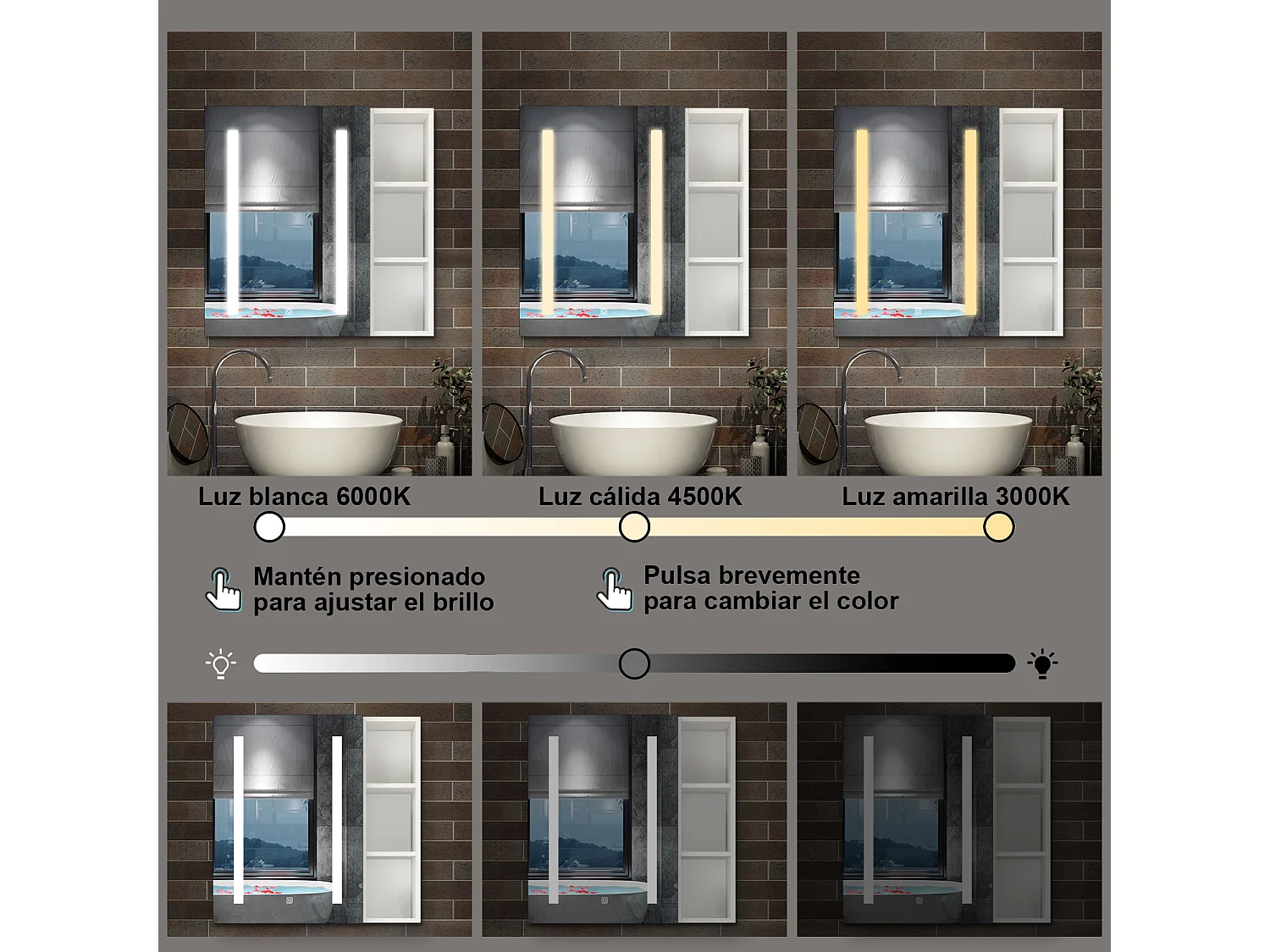 Armario con espejo para baño Armario principal 70 x 40 x 13 cm,Armario auxiliar 70 x 20 x 13 cm Con 3 estantes, luz led con 3 colores, antivaho y brillo ajustable