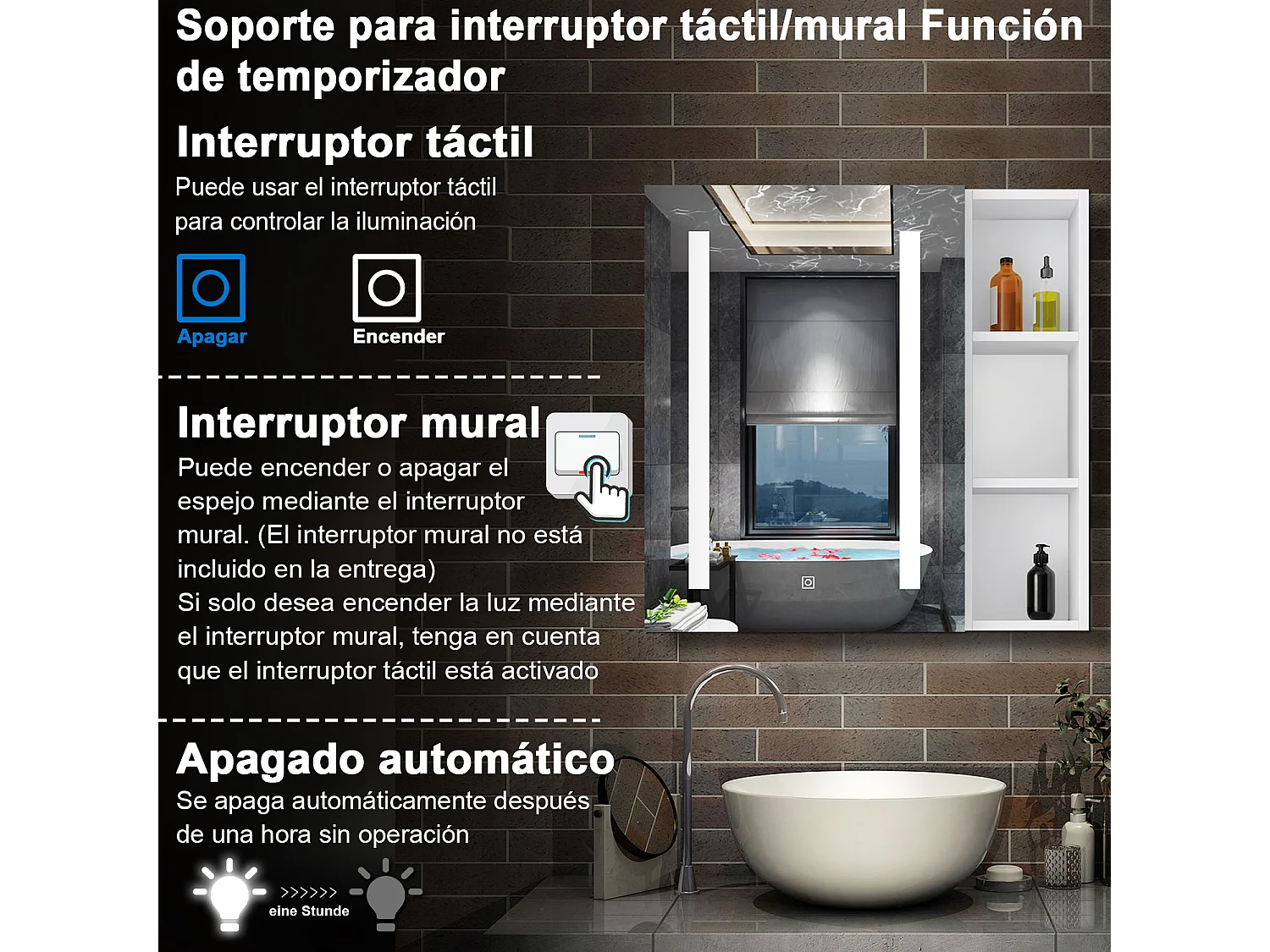 Armario con espejo para baño Armario principal 70 x 40 x 13 cm,Armario auxiliar 70 x 20 x 13 cm Con 3 estantes, luz led con 3 colores, antivaho y brillo ajustable