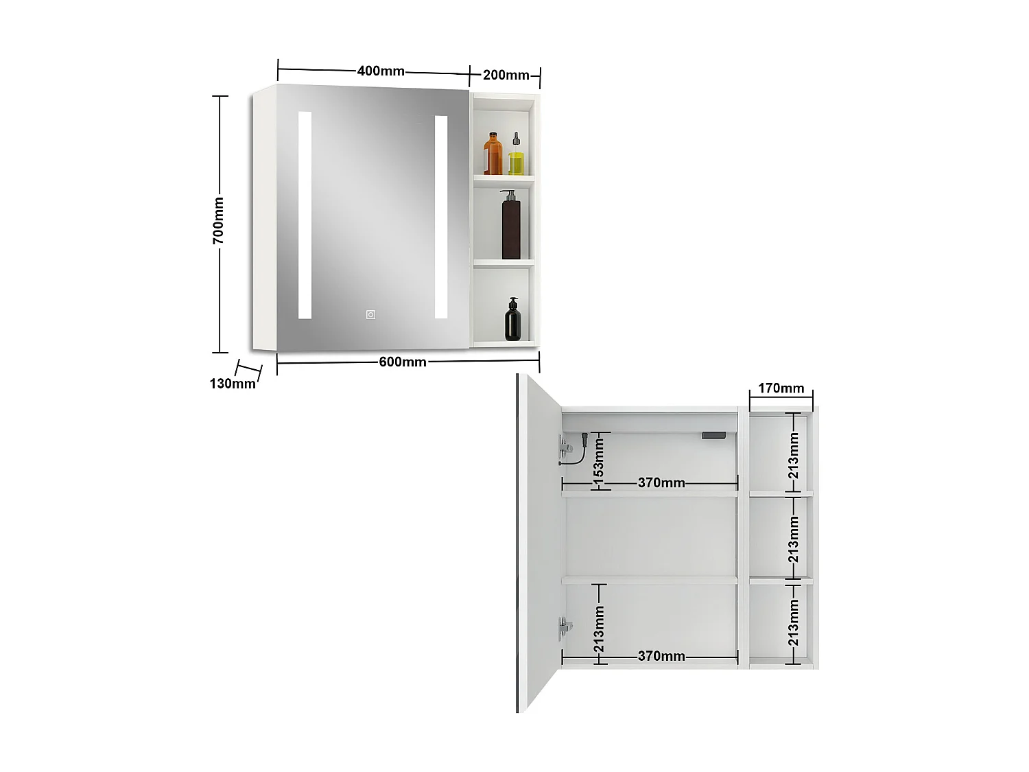 Armario con espejo para baño Armario principal 70 x 40 x 13 cm,Armario auxiliar 70 x 20 x 13 cm Con 3 estantes, luz led con 3 colores, antivaho y brillo ajustable
