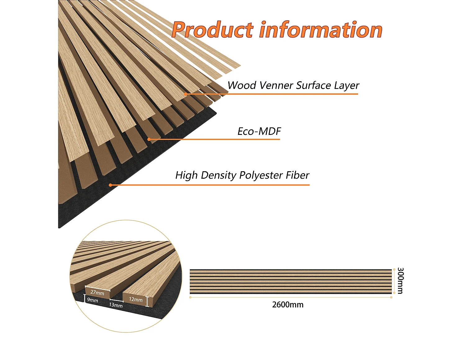 Set di 3 pannelli acustici in legno MDF,L260xL30cm SP21mm, Pannelli fonoassorbenti scansionati in 3D con finitura effetto legno rovere chiaro
