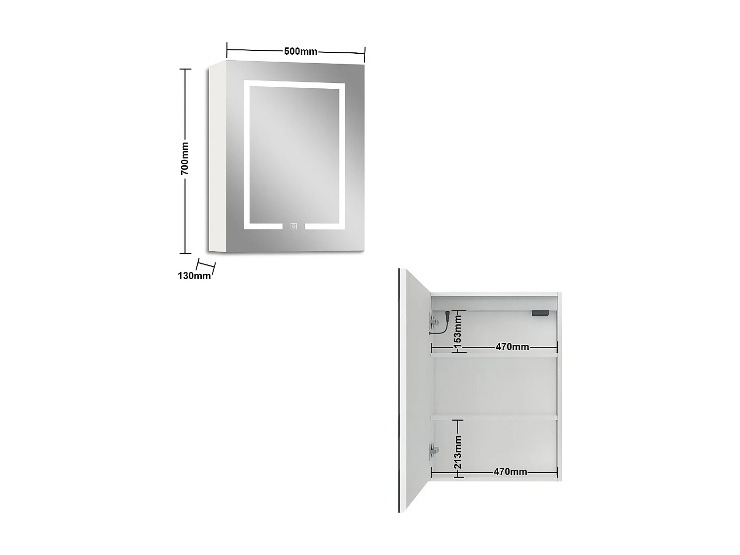 Armario con espejo para baño 700 x 500 x130 mm Con 3 estantes, luz led con 3 colores, antivaho y brillo ajustable
