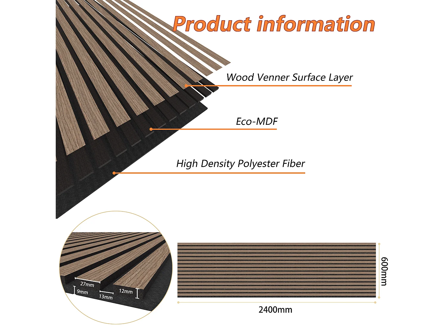 Set di 3 pannelli acustici in legno MDF,L240xL60cm SP21mm, Pannelli fonoassorbenti scansionati in 3D con finitura effetto legno Noce
