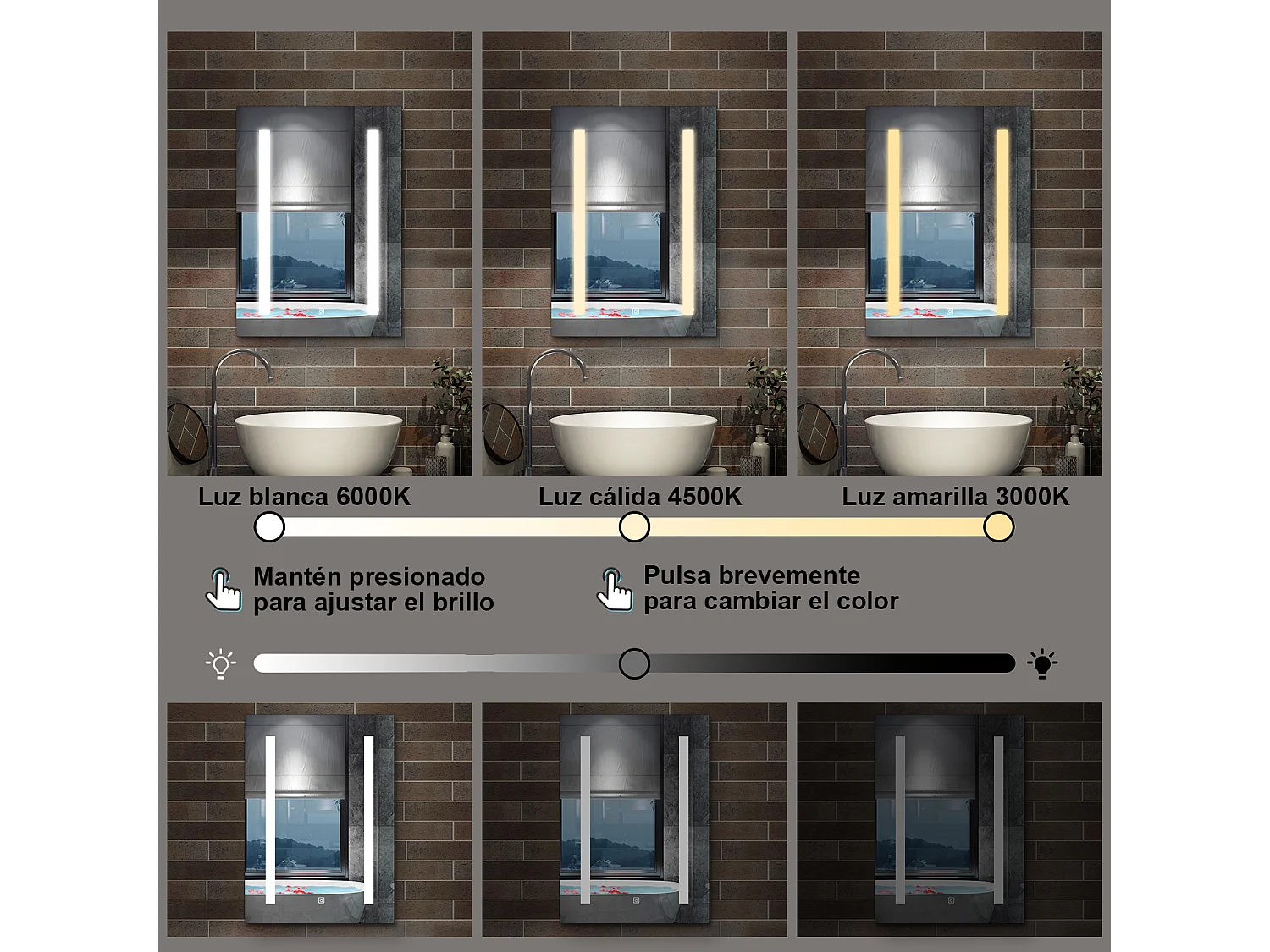 Armario con espejo para baño 700 x 500 x 130 mm Con 3 estantes, luz led con 3 colores, antivaho y brillo ajustable