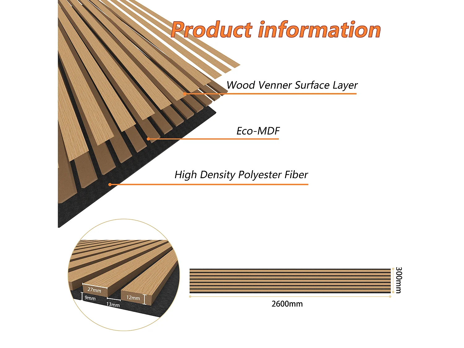 Set di 3 pannelli acustici in legno MDF,L260xL30cm SP21mm, Pannelli fonoassorbenti scansionati in 3D con finitura effetto legno rovere scuro