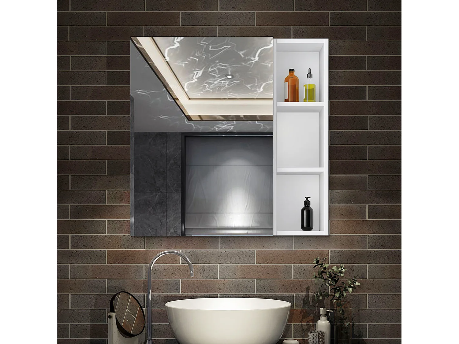 Armario con espejo para baño Armario principal 70 x 50 x 13 cm,Armario auxiliar 70 x 20 x 13 cm Con 3 estantes,acabado espejo de alta definición