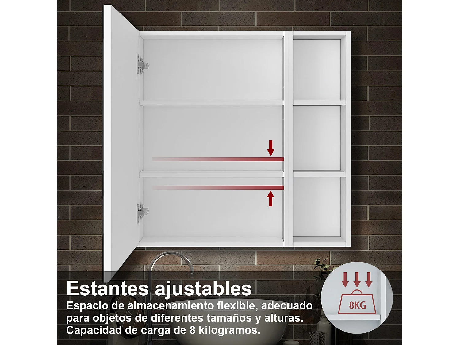 Armario con espejo para baño Armario principal 70 x 50 x 13 cm,Armario auxiliar 70 x 20 x 13 cm Con 3 estantes,acabado espejo de alta definición