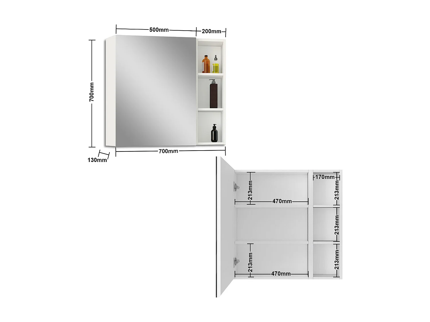 Armario con espejo para baño Armario principal 70 x 50 x 13 cm,Armario auxiliar 70 x 20 x 13 cm Con 3 estantes,acabado espejo de alta definición