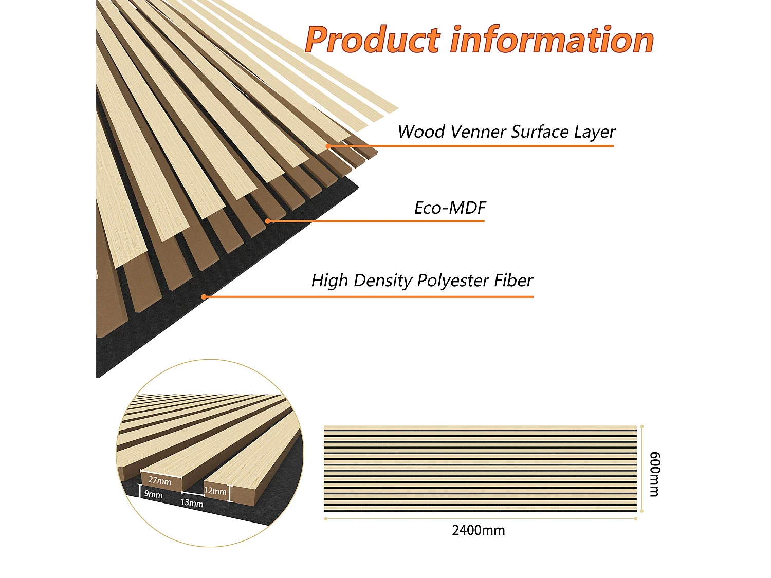 Set di 2 pannelli acustici in legno MDF,L240xL60cm SP21mm, Pannelli fonoassorbenti scansionati in 3D con finitura effetto legno rovere