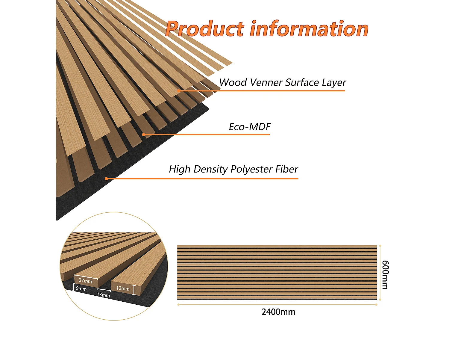 Set di 2 pannelli acustici in legno MDF,L240xL60cm SP21mm, Pannelli fonoassorbenti scansionati in 3D con finitura effetto legno rovere scuro