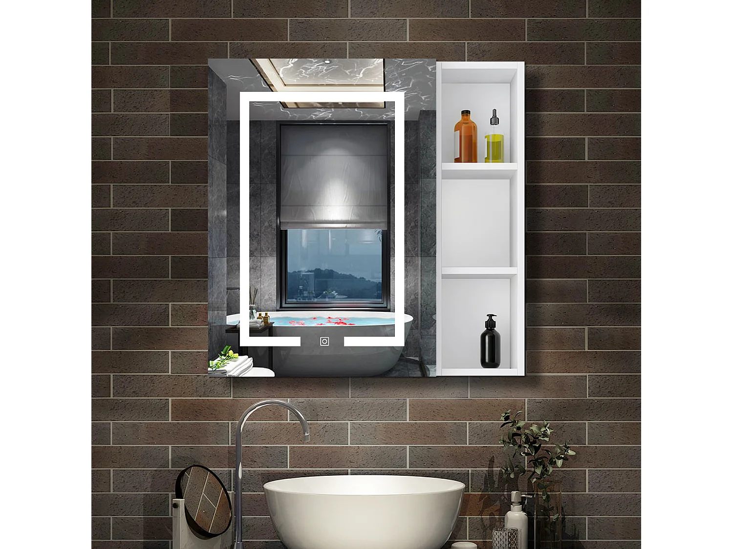 Armario con espejo para baño Armario principal 70 x 50 x 13 cm,Armario auxiliar 70 x 20 x 13 cm Con 3 estantes, luz led con 3 colores, antivaho y brillo ajustable