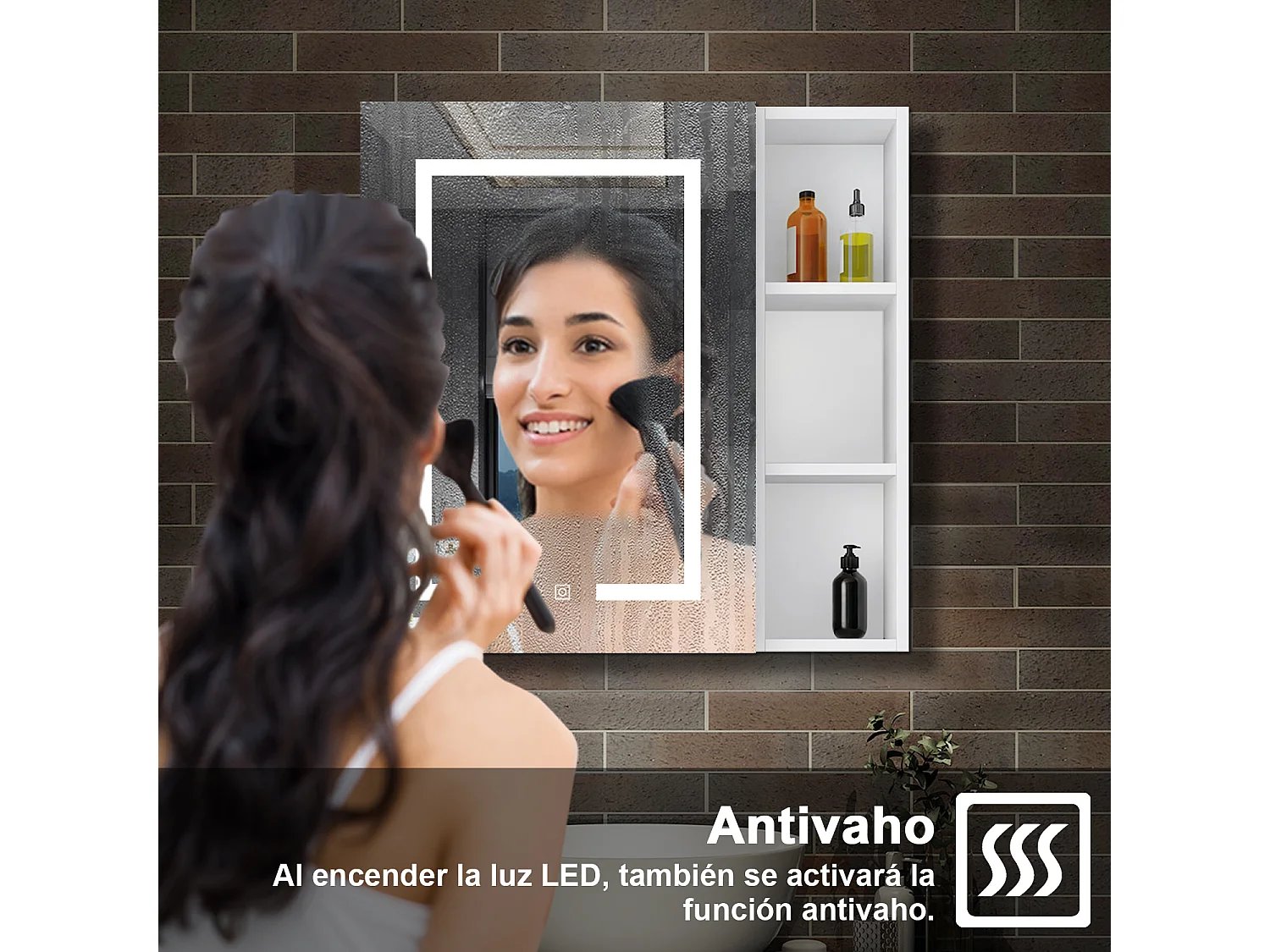 Armario con espejo para baño Armario principal 70 x 50 x 13 cm,Armario auxiliar 70 x 20 x 13 cm Con 3 estantes, luz led con 3 colores, antivaho y brillo ajustable