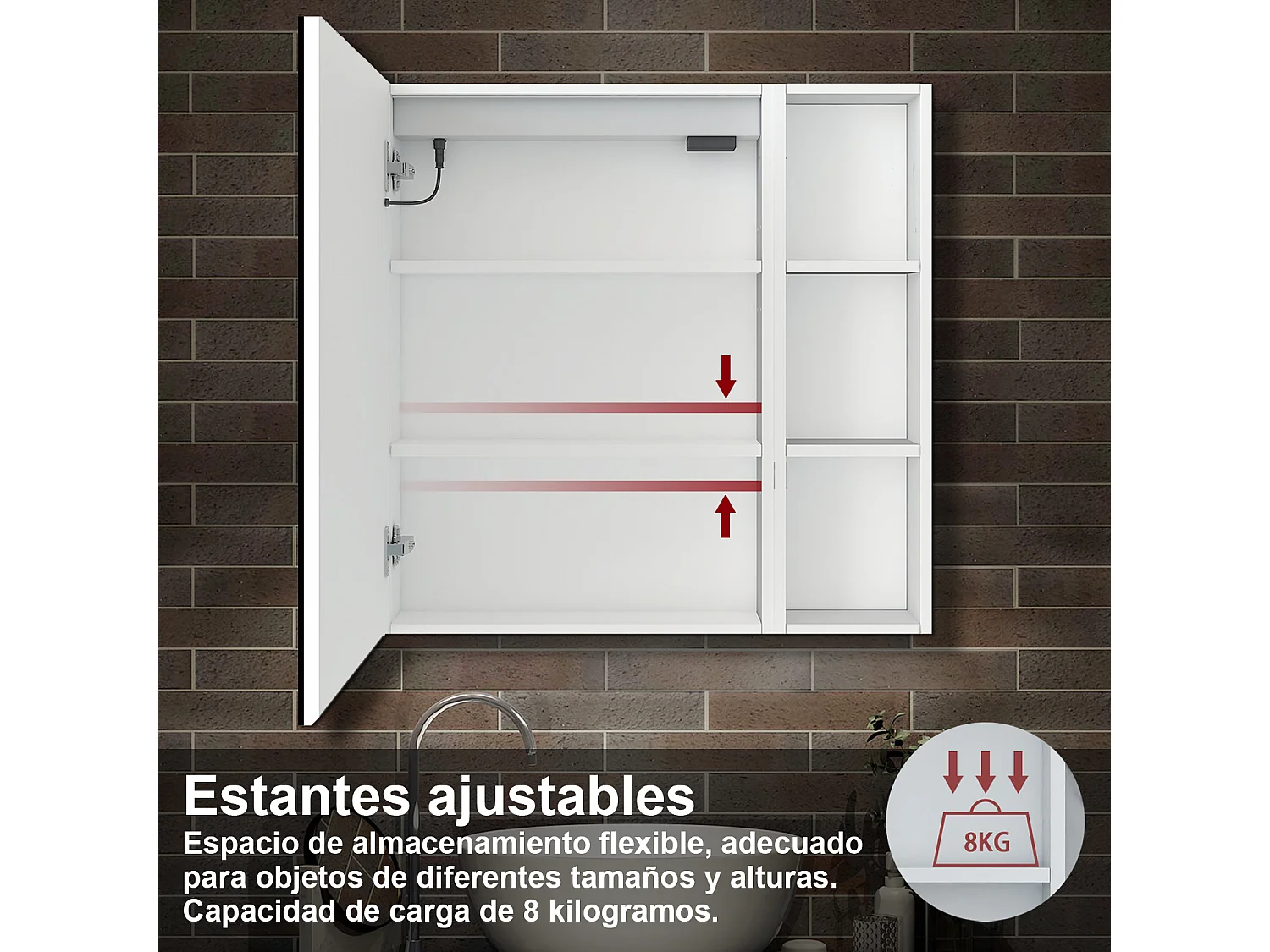 Armario con espejo para baño Armario principal 70 x 50 x 13 cm,Armario auxiliar 70 x 20 x 13 cm Con 3 estantes, luz led con 3 colores, antivaho y brillo ajustable