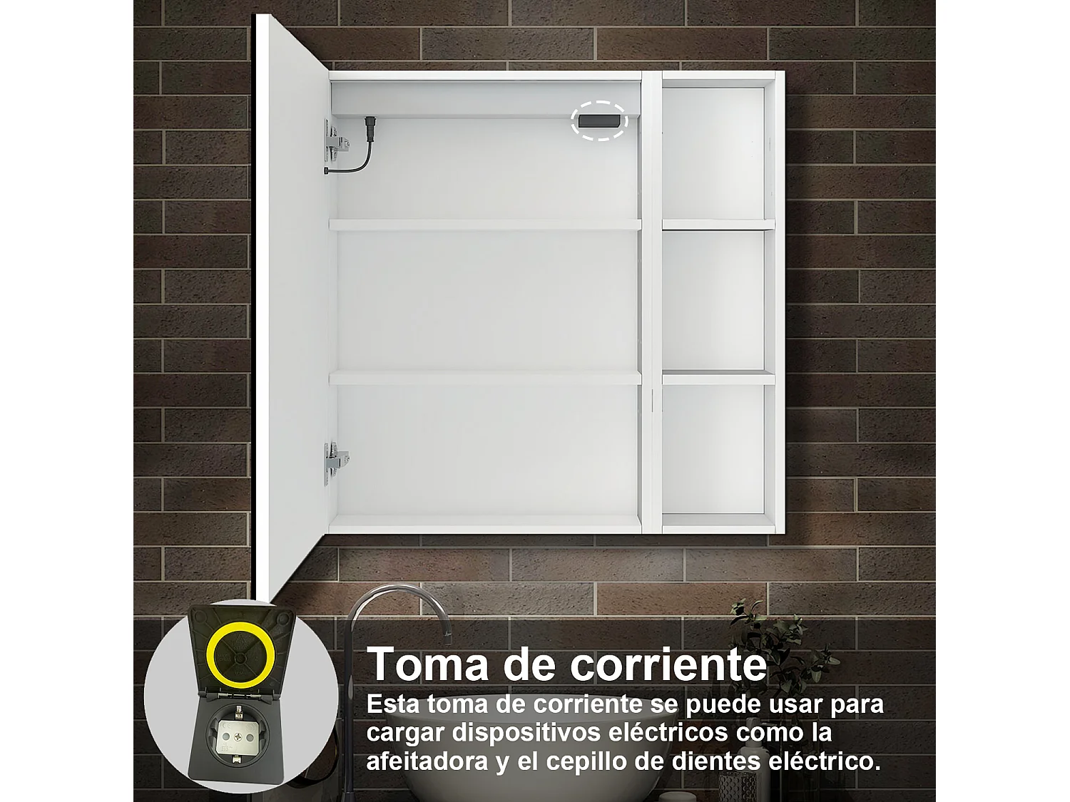 Armario con espejo para baño Armario principal 70 x 50 x 13 cm,Armario auxiliar 70 x 20 x 13 cm Con 3 estantes, luz led con 3 colores, antivaho y brillo ajustable
