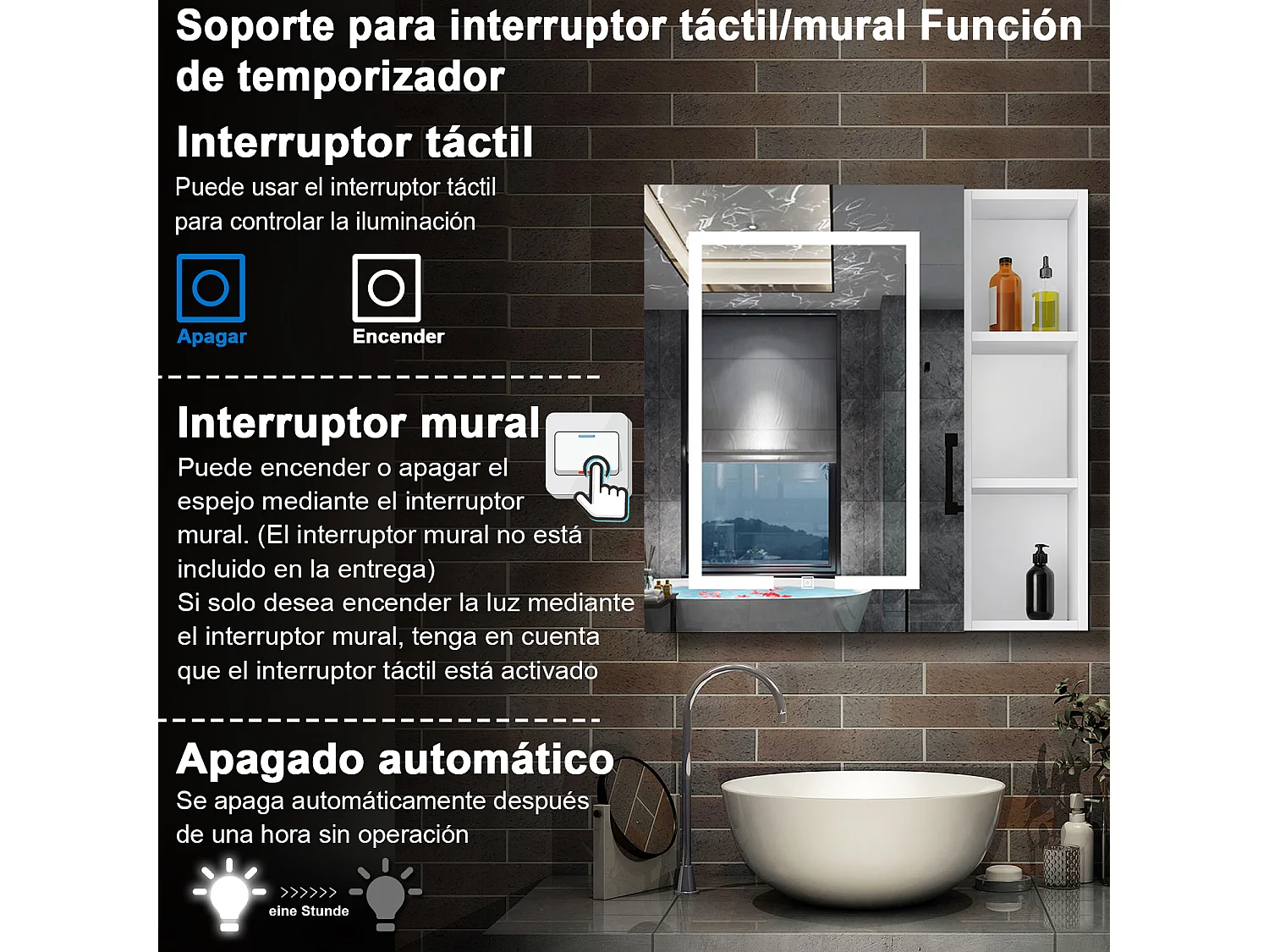 Armario con espejo para baño Armario principal 70 x 50 x 13 cm,Armario auxiliar 70 x 20 x 13 cm Con 3 estantes, luz led con 3 colores, antivaho y brillo ajustable
