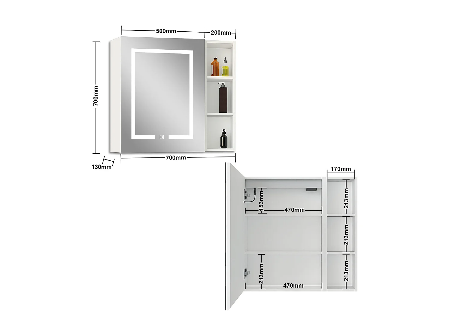 Armario con espejo para baño Armario principal 70 x 50 x 13 cm,Armario auxiliar 70 x 20 x 13 cm Con 3 estantes, luz led con 3 colores, antivaho y brillo ajustable
