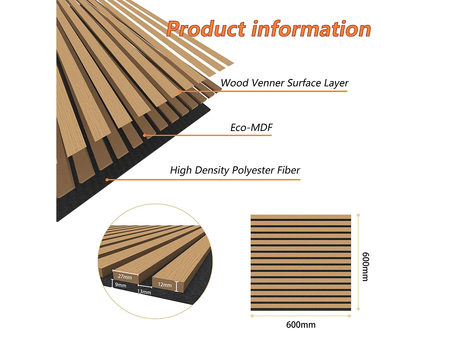 Set di 4 pannelli acustici in legno MDF,L60xL60cm SP21mm, Pannelli fonoassorbenti scansionati in 3D con finitura effetto legno rovere scuro