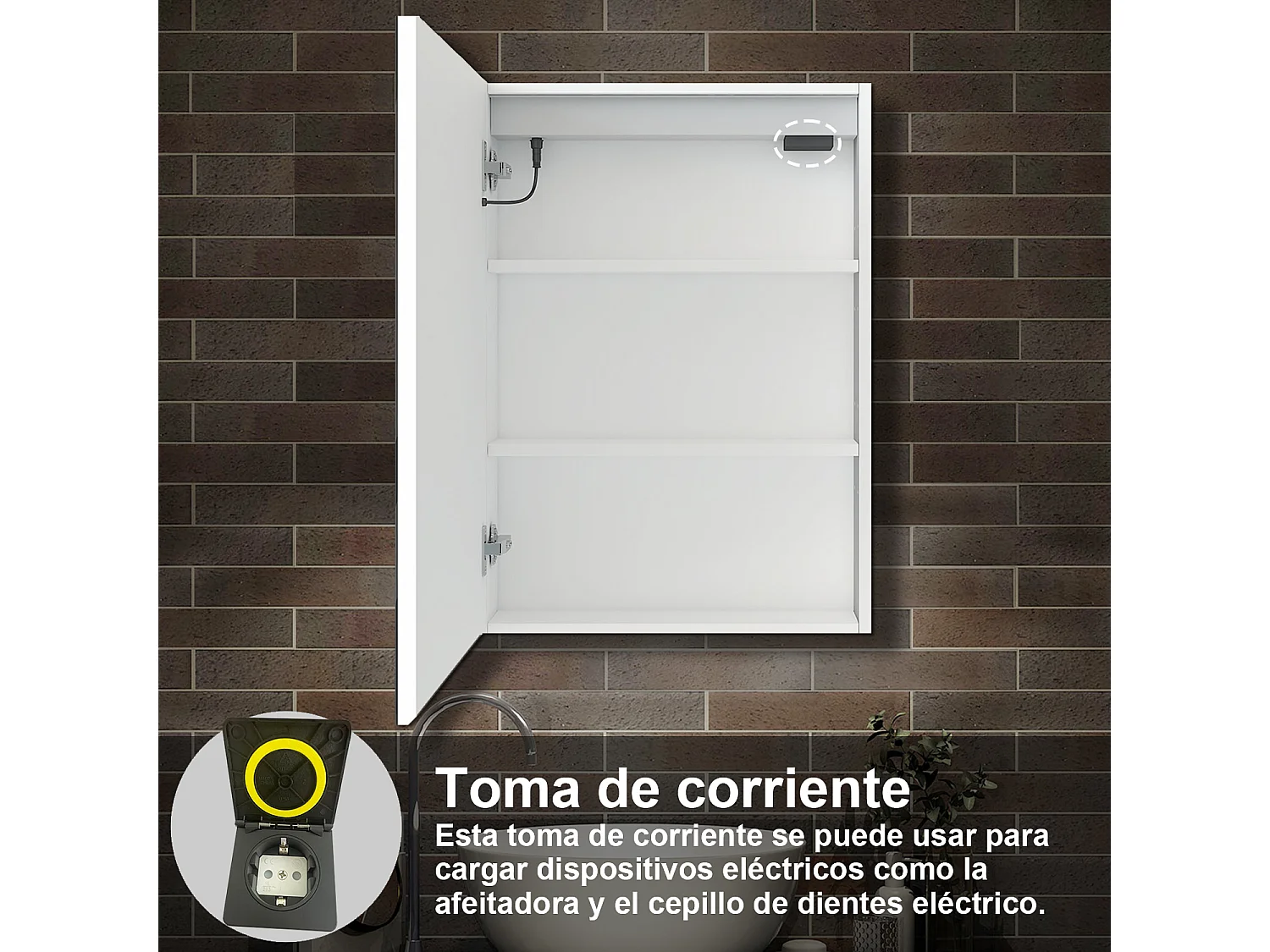 Armario con espejo para baño 700 x 600 x 130 mm Con 3 estantes, luz led con 3 colores, antivaho y brillo ajustable