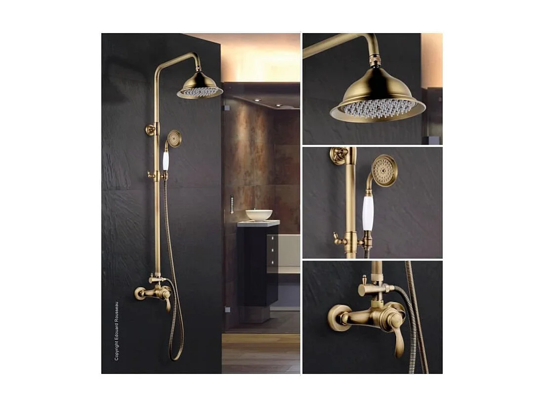 Duschsäule Byron in antikem Bronze mit mechanischem Mischventil, schwenkbarem Kopf Ø205 mm, kalkabweisendem Handbrause, teleskoparm