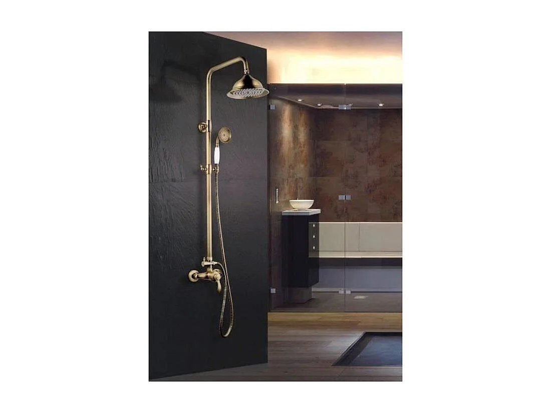 Duschsäule Byron in antikem Bronze mit mechanischem Mischventil, schwenkbarem Kopf Ø205 mm, kalkabweisendem Handbrause, teleskoparm