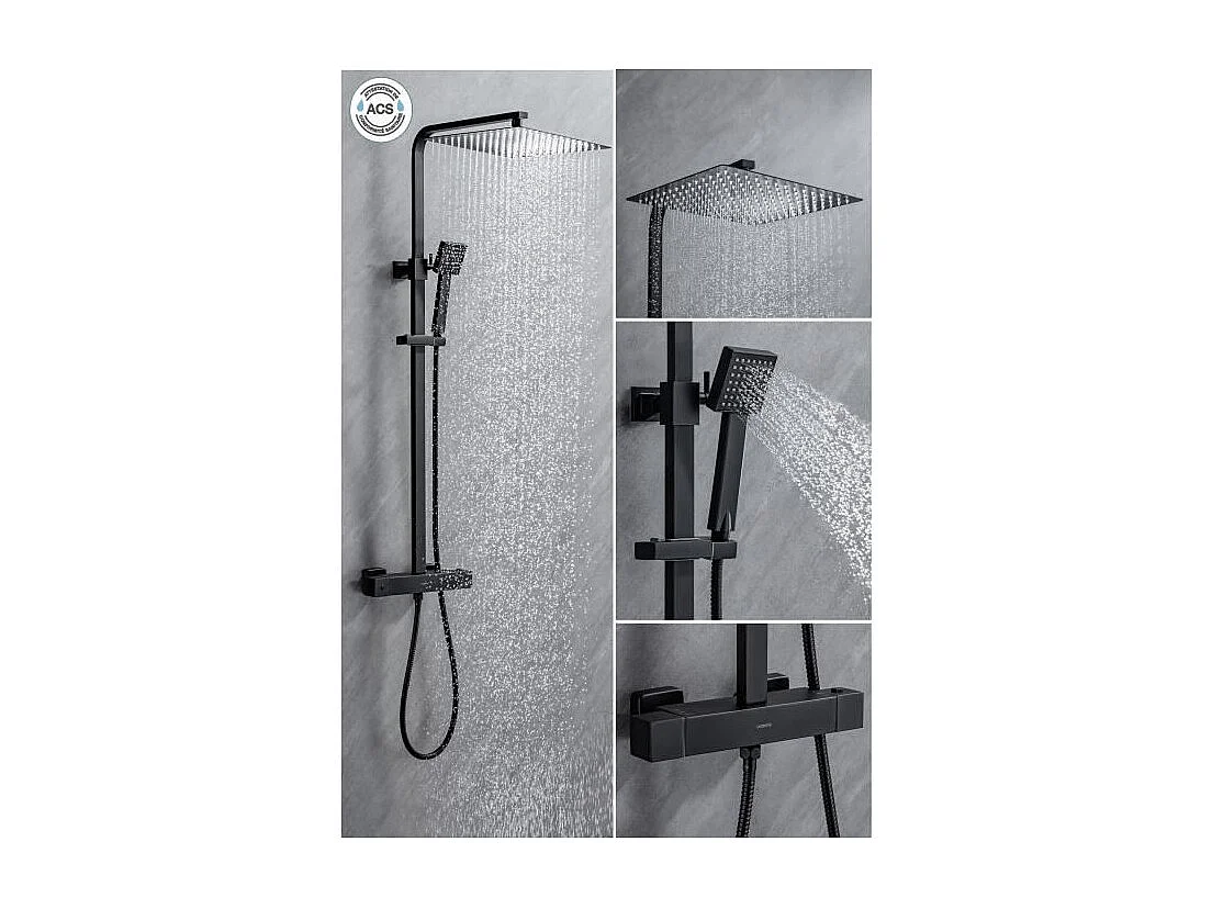 Colonne de douche OCEANIC - Mitigeur thermostatique corps froid - Pomme haute carrée 30x30 cm - Noir mat