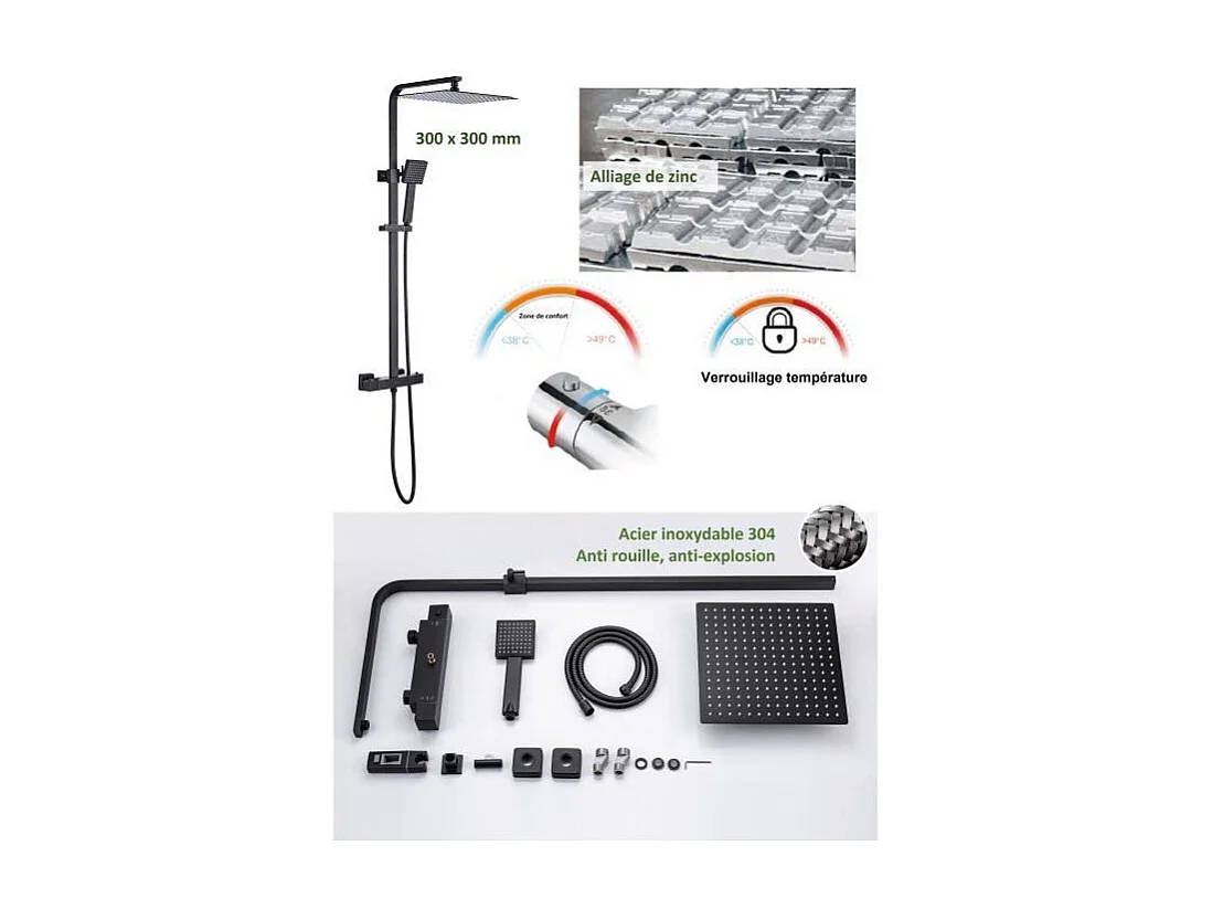 Colonne de douche OCEANIC - Mitigeur thermostatique corps froid - Pomme haute carrée 30x30 cm - Noir mat