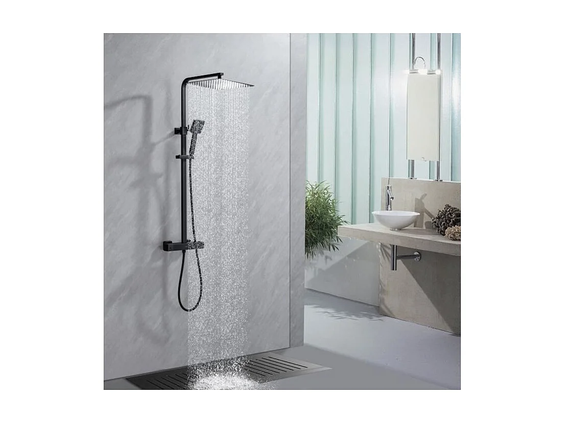 Colonne de douche OCEANIC - Mitigeur thermostatique corps froid - Pomme haute carrée 30x30 cm - Noir mat