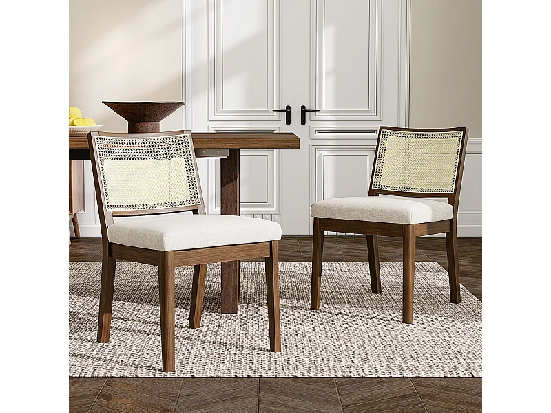 Set van 2 massief houten eetkamerstoelen met rotan rugleuningen - 48 x 61 x 78,5 cm - Moderne stijl - linnen - bruin