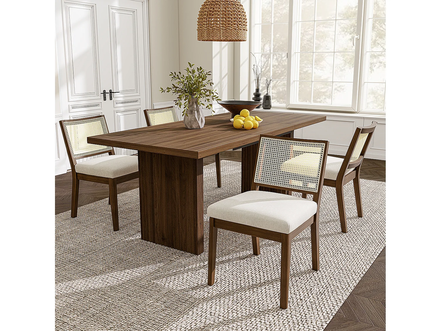 Set van 4 massief houten eetkamerstoelen met rotan rugleuningen - 48 x 61 x 78,5 cm - Moderne stijl - linnen - bruin