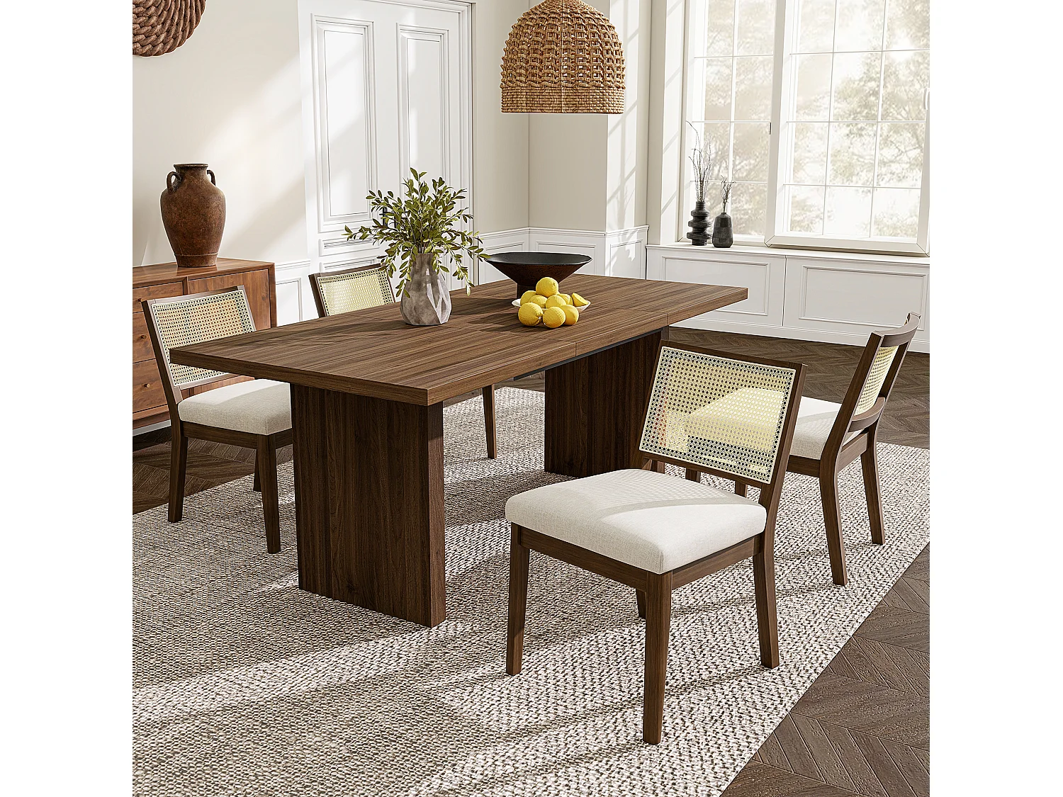 Set van 4 massief houten eetkamerstoelen met rotan rugleuningen - 48 x 61 x 78,5 cm - Moderne stijl - linnen - bruin