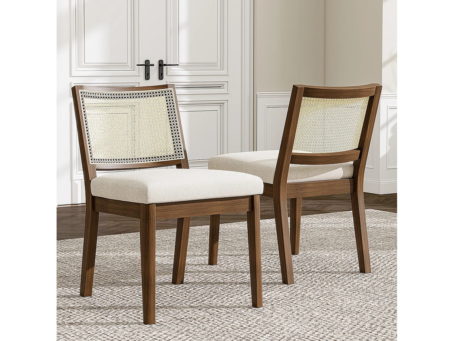 Set van 4 massief houten eetkamerstoelen met rotan rugleuningen - 48 x 61 x 78,5 cm - Moderne stijl - linnen - bruin