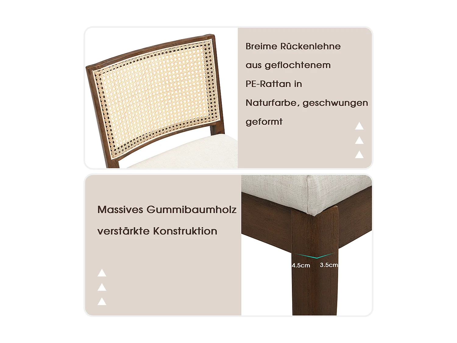 Set van 4 massief houten eetkamerstoelen met rotan rugleuningen - 48 x 61 x 78,5 cm - Moderne stijl - linnen - bruin