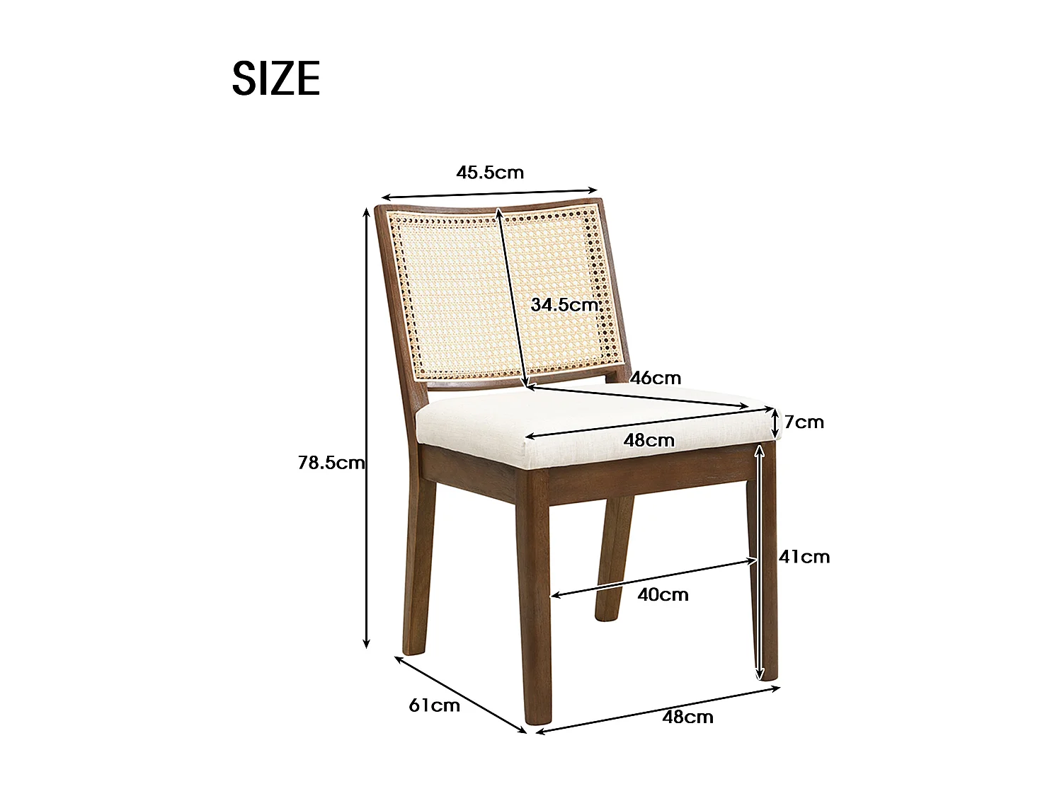 Set van 4 massief houten eetkamerstoelen met rotan rugleuningen - 48 x 61 x 78,5 cm - Moderne stijl - linnen - bruin