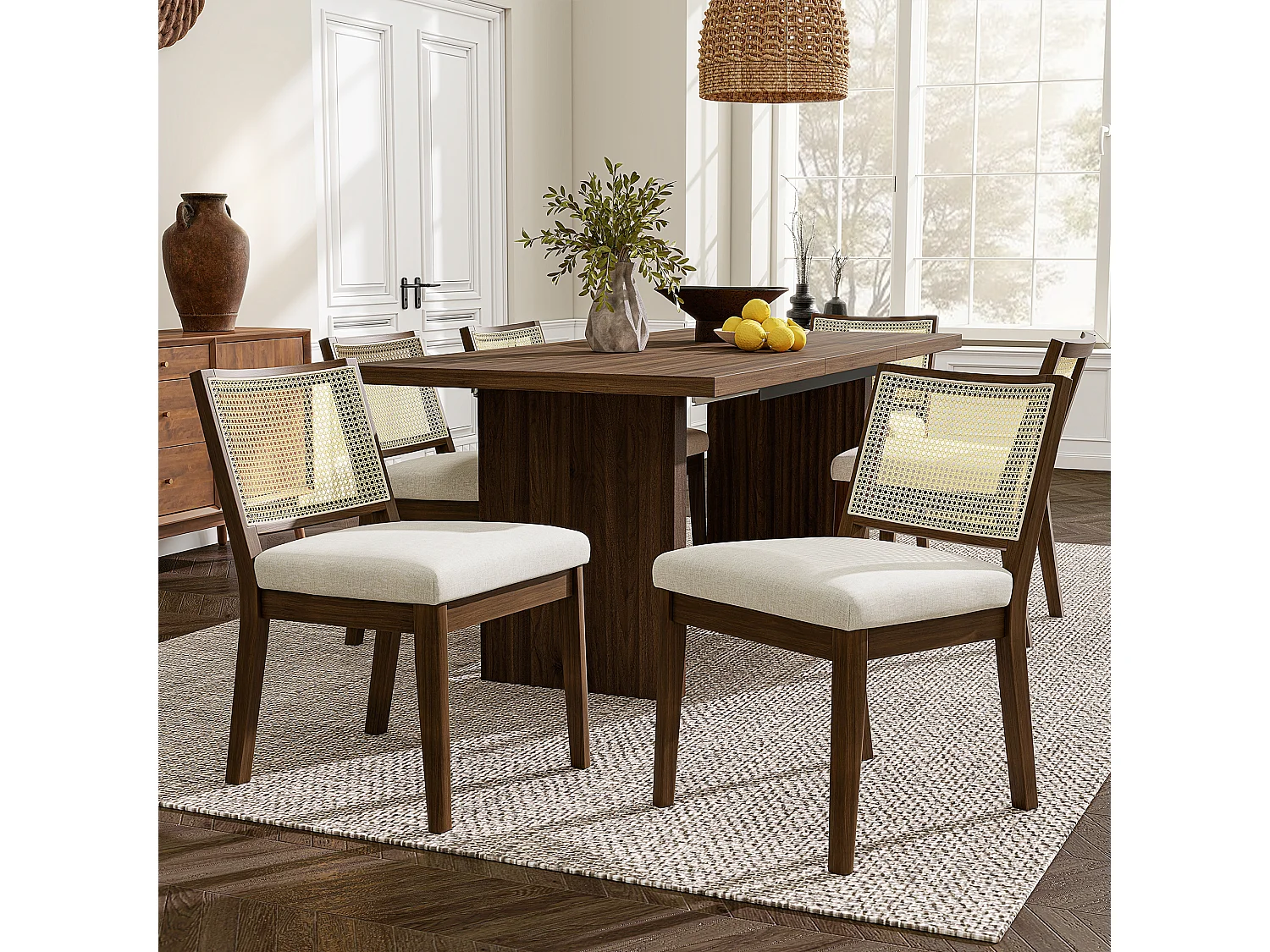 Set van 6 massief houten eetkamerstoelen met rotan rugleuningen - 48 x 61 x 78,5 cm - Moderne stijl - linnen - bruin