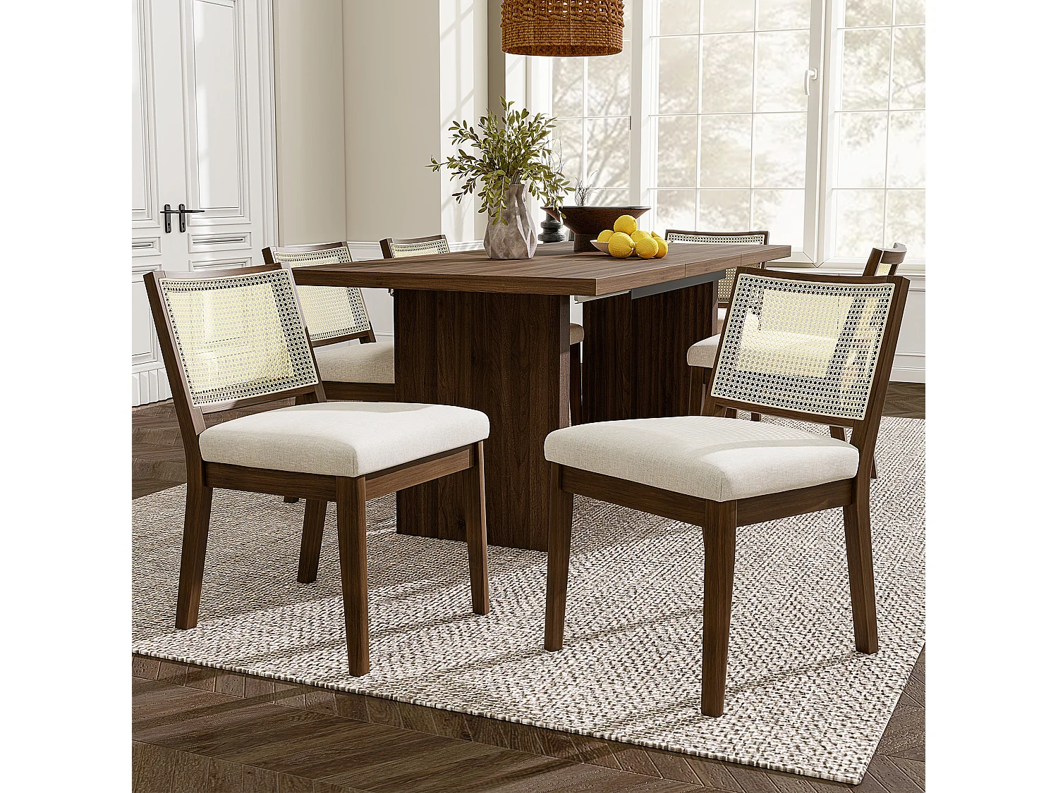 Set van 6 massief houten eetkamerstoelen met rotan rugleuningen - 48 x 61 x 78,5 cm - Moderne stijl - linnen - bruin