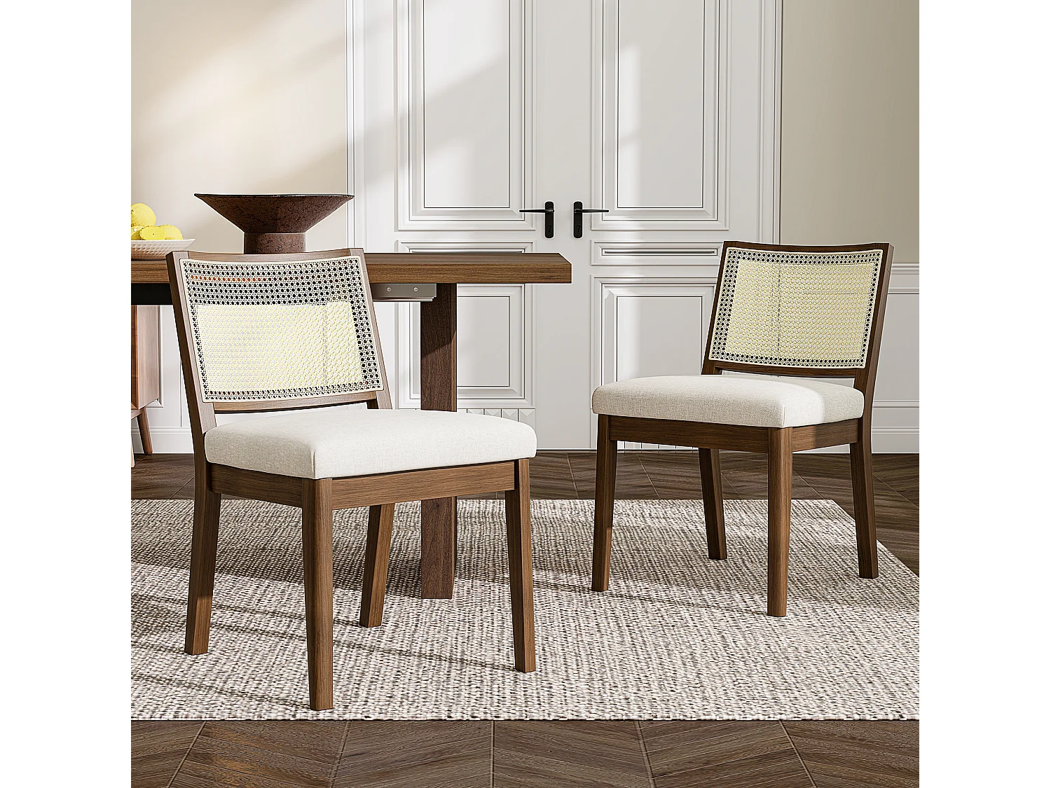 Set van 6 massief houten eetkamerstoelen met rotan rugleuningen - 48 x 61 x 78,5 cm - Moderne stijl - linnen - bruin