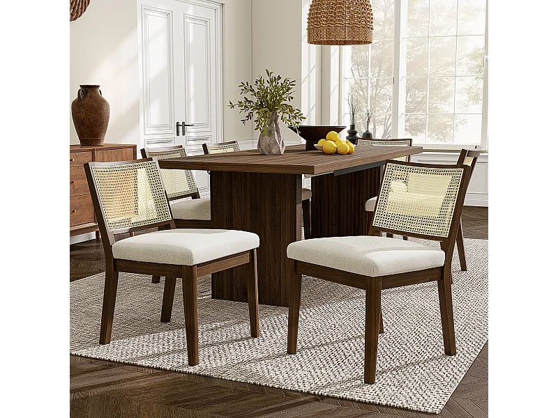 Set van 6 massief houten eetkamerstoelen met rotan rugleuningen - 48 x 61 x 78,5 cm - Moderne stijl - linnen - bruin