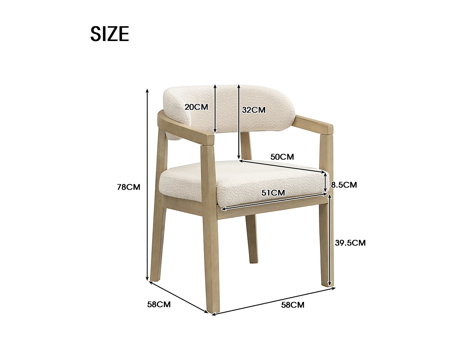 Lot de 2 chaises de salle à manger en bois massif - 58 x 58 x 78 cm - Style moderne - revêtement bouclé - naturel