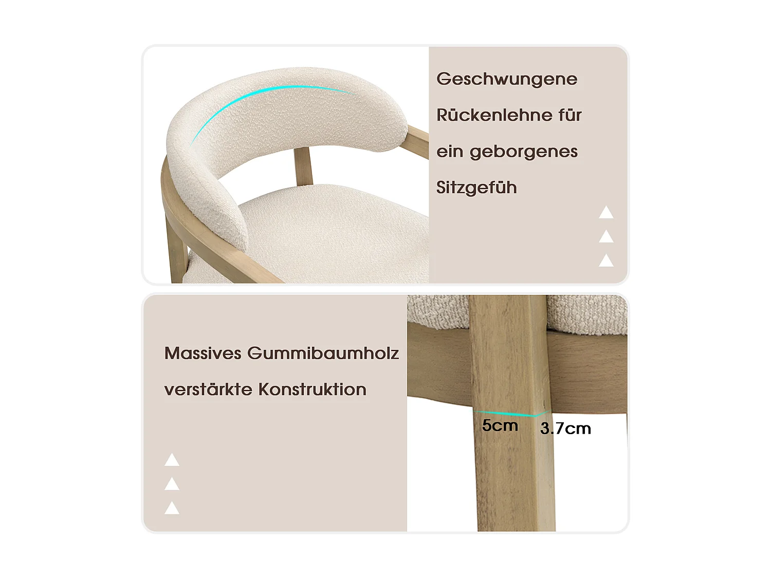 Lot de 2 chaises de salle à manger en bois massif - 58 x 58 x 78 cm - Style moderne - revêtement bouclé - naturel