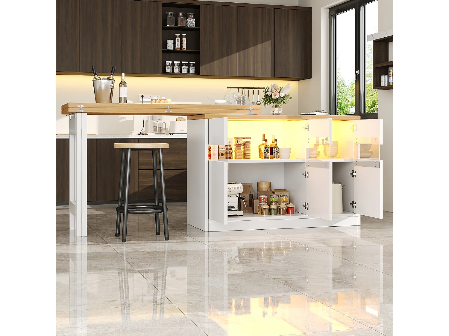 Ausziehbarer Bartisch – 120/180 x 75,8 cm – mit LEDs + 3 Türen – 360° drehbar – MDF – weiß + natur