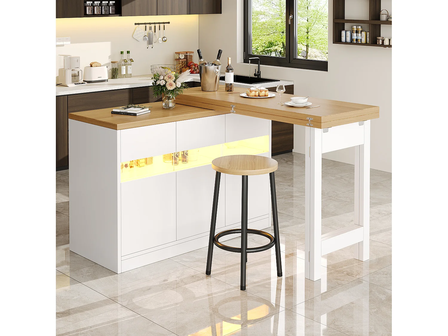 Ausziehbarer Bartisch – 120/180 x 75,8 cm – mit LEDs + 3 Türen – 360° drehbar – MDF – weiß + natur