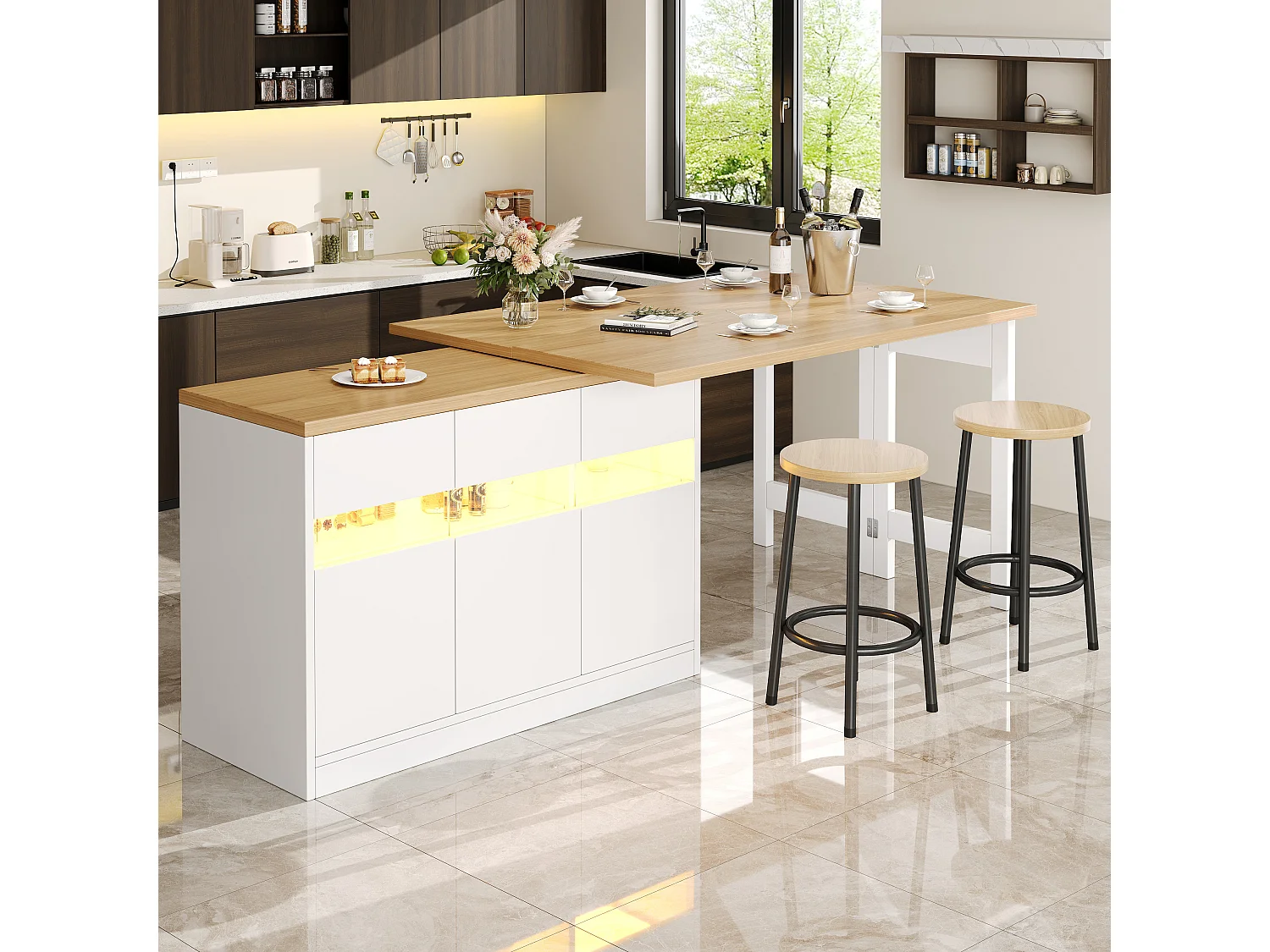 Ausziehbarer Bartisch – 120/180 x 75,8 cm – mit LEDs + 3 Türen – 360° drehbar – MDF – weiß + natur