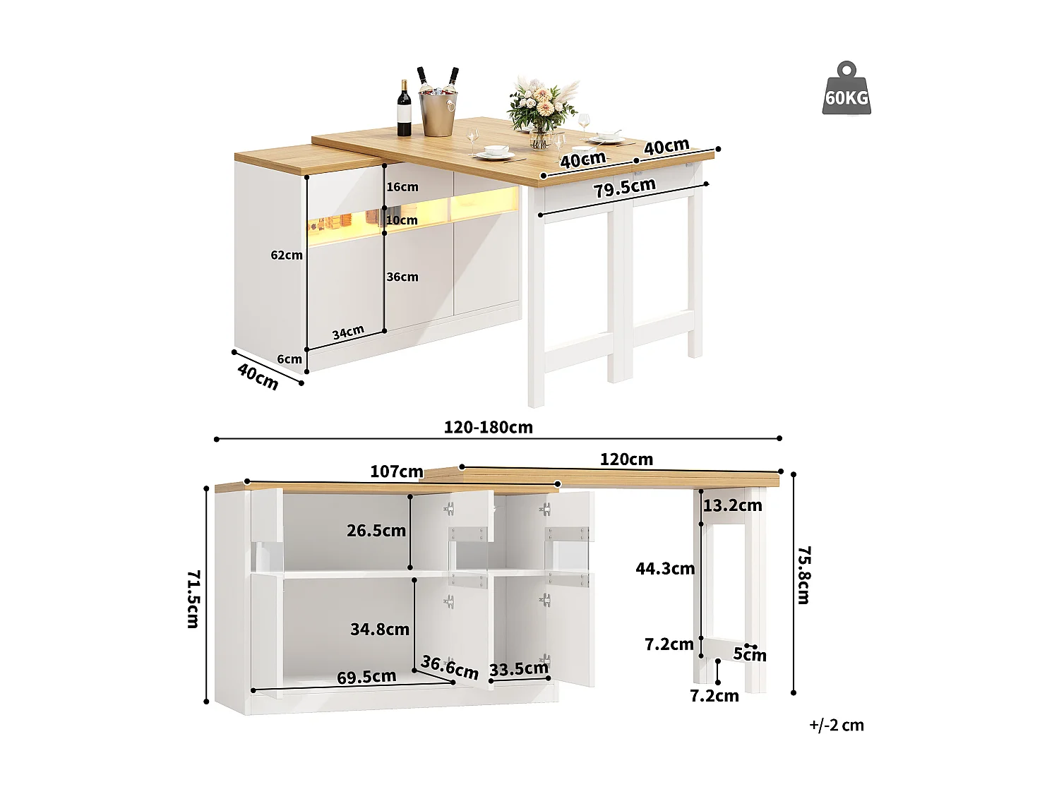 Ausziehbarer Bartisch – 120/180 x 75,8 cm – mit LEDs + 3 Türen – 360° drehbar – MDF – weiß + natur